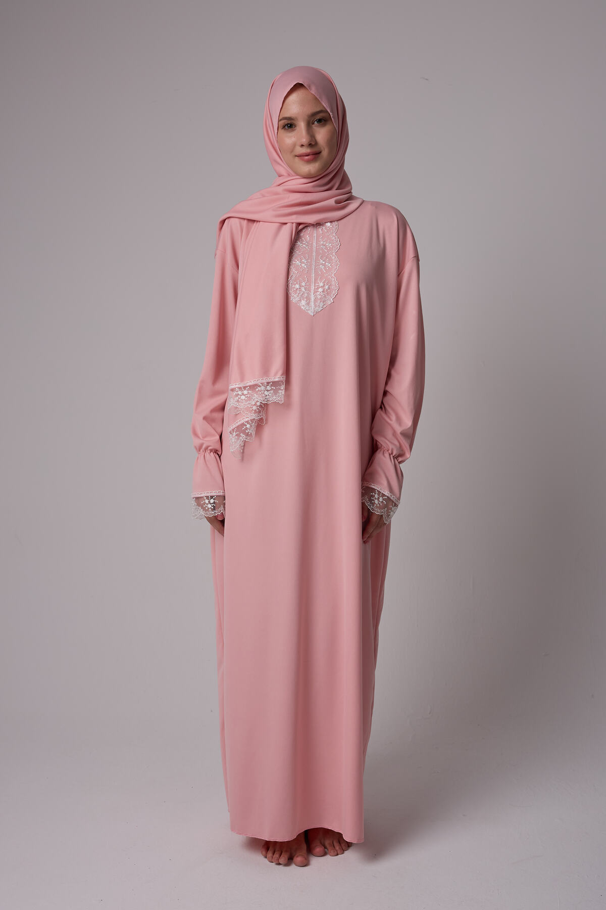 Kutay Collection One Piece Hijab Lace Women's Prayer Dress Pink