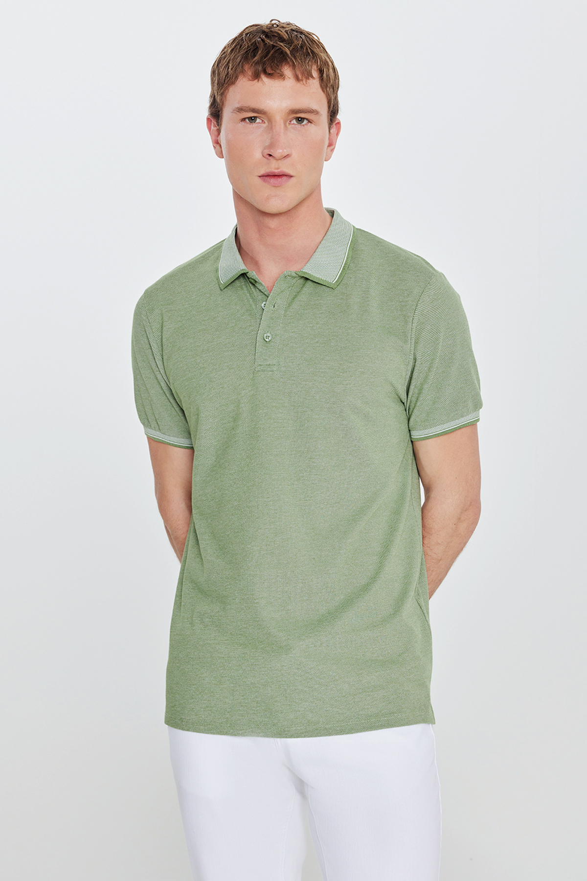 AC&Co / Altınyıldız Classics Erkek Çekmeyen Pamuklu Kumaş Slim Fit Dar Kesim Yeşil Kıvrılmaz Polo Yaka Tişört görsel 7