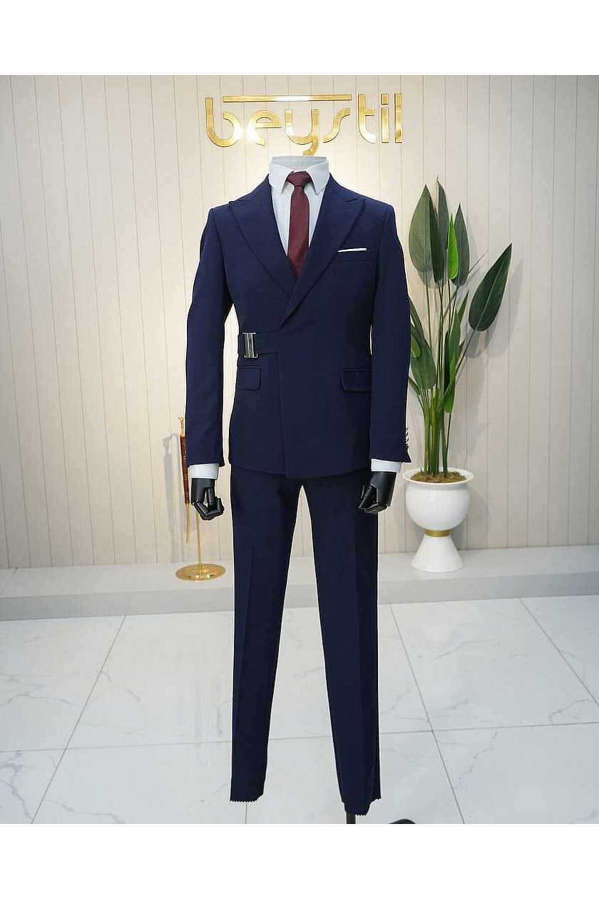 کت و شلوار اسلیمفیت نیروی دریایی مردانه با کمربند سگک دار — رنگارنگ ST01266-Navy