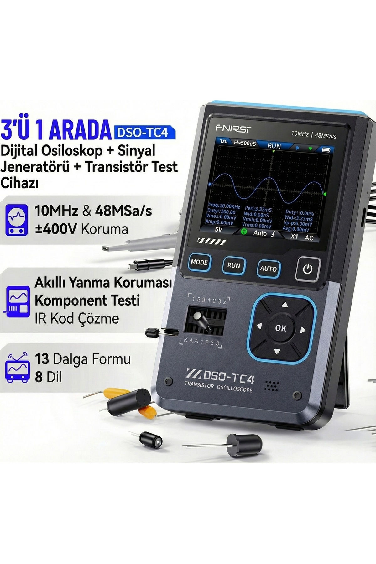 FNIRSI DSO-TC4 10MHz 48MS/s 3in1 Osiloskop Transistör Test ve