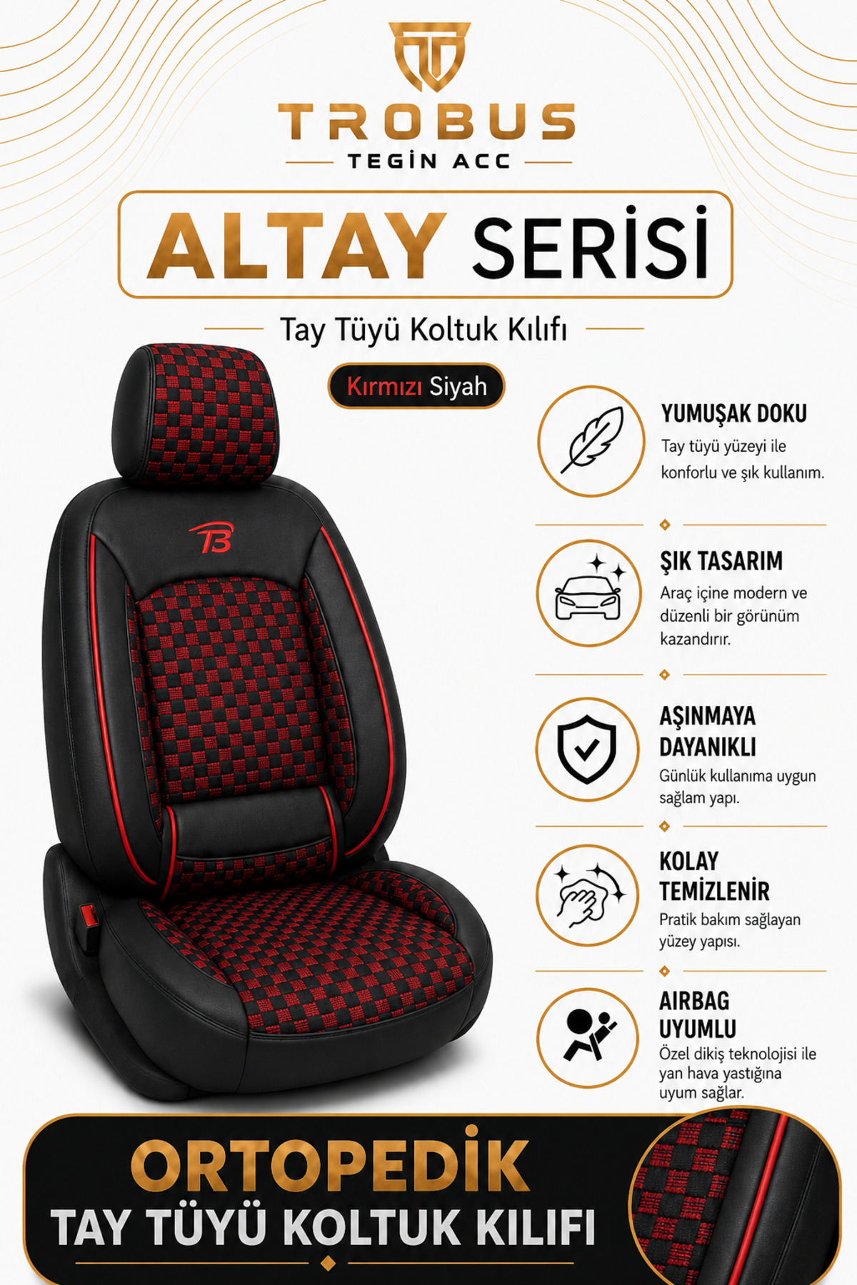 Fiat Punto 2005 ve Sonrası Uyumlu Altay Bel Destekli Tay Tüyü Siyah Kırmızı Koltuk Kılıfı — alternatif görsel