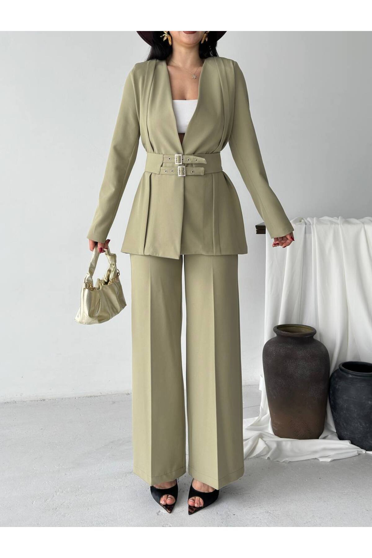 Ensemble deux pièces blazer et pantalon ceinturé Premium Fit - Görsel 7