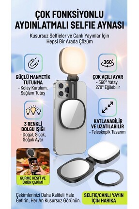 asua Magsafe Uyumlu Manyetik Telefon Selfie Işığı ve Aynası - 3 Renk Modlu Ay...