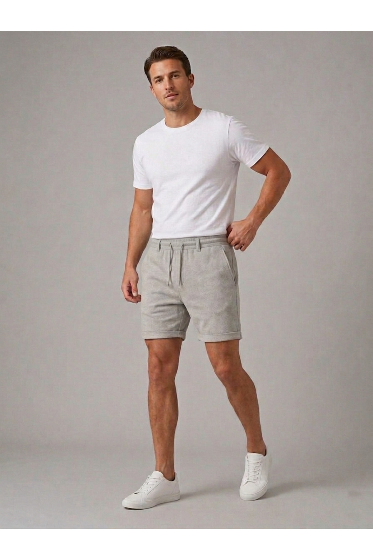Bürke Erkek Gri Renk Regular Fit Düz Duble Paça Beli Bağcıklı Cepli Basic Düz Şort görsel 6