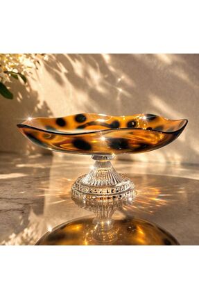 zepce design Dekoratif Amber Kahve Leopar Desenli Cam Ayaklı Sunumluk&Meyveli...