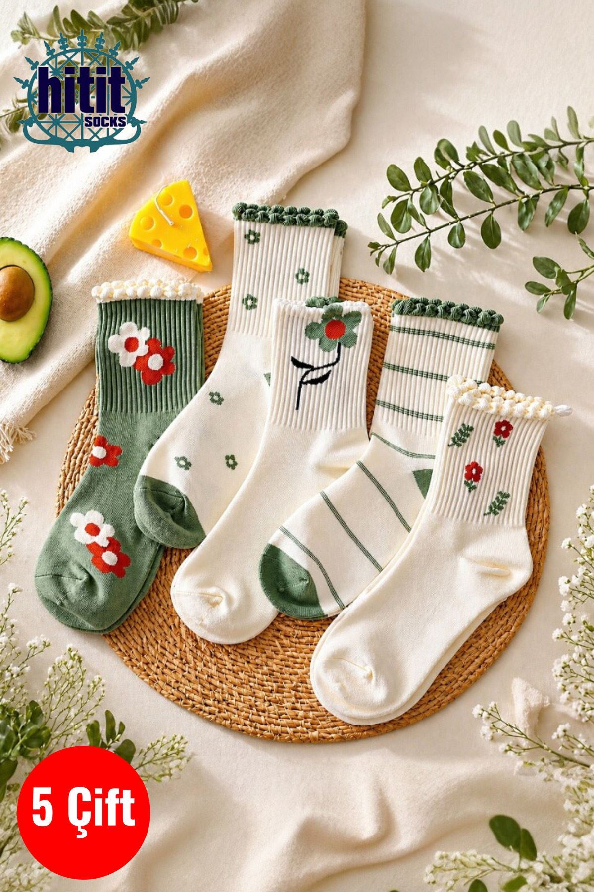 Hitit Socks Kadın 5 Çift Premium Kabartma Desenli Çiçek ve Çizgi Desenli Uzun Soket Çorap Yeşil görsel 2