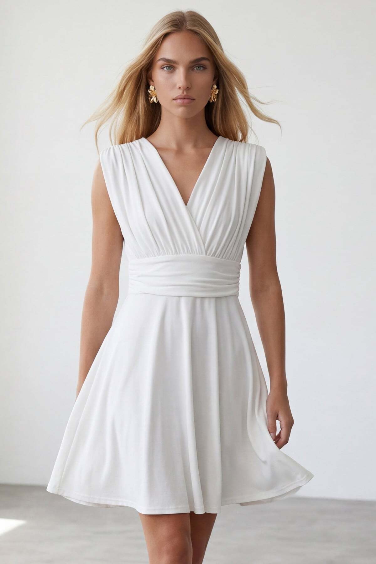Women's White V-Neck Flared Dress with Waist Corset Detail ALC-X12153