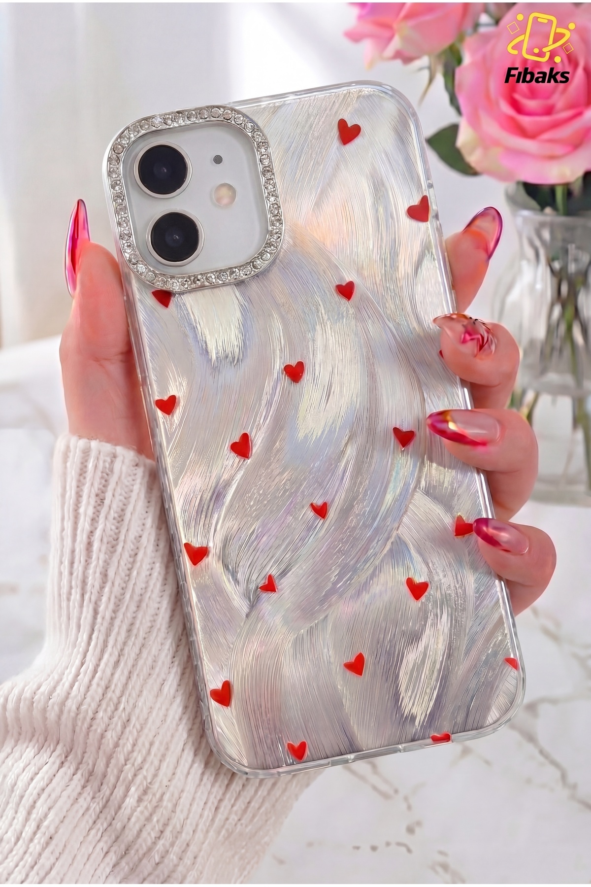 iPhone 11 Case Luminous Love Series Gemstone Camera Framed Heart Pattern Pearl Look Luxury Silicone