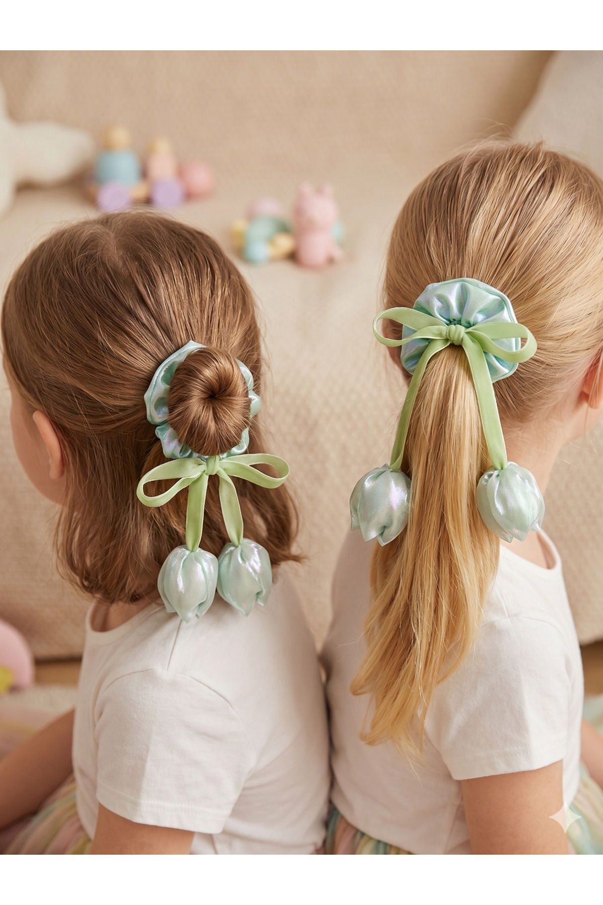 Tulip Ribbon Premium Fabric Girl Rubber Buckle 2pcs - Hair Accessory with Silk Texture