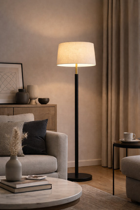 Vinner VISBY 155 cm Black Edition Masif Ahşap Lambader – Krem Keten Şapka, Mo...