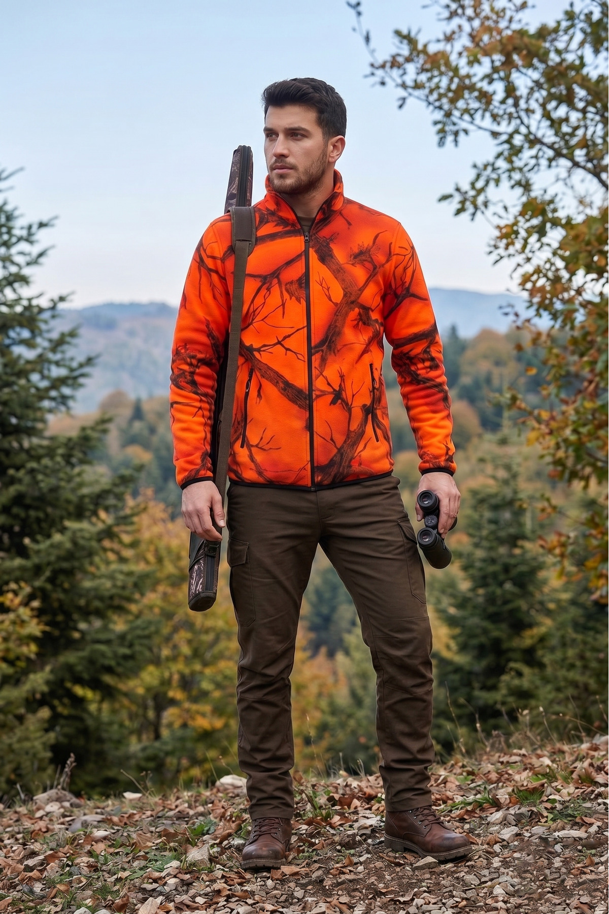 remonz Erkek Turuncu Kamuflaj Desenli Tam Fermuarlı Avcı Polar - Tüylenme Yapmaz Outdoor Ceket görsel 4