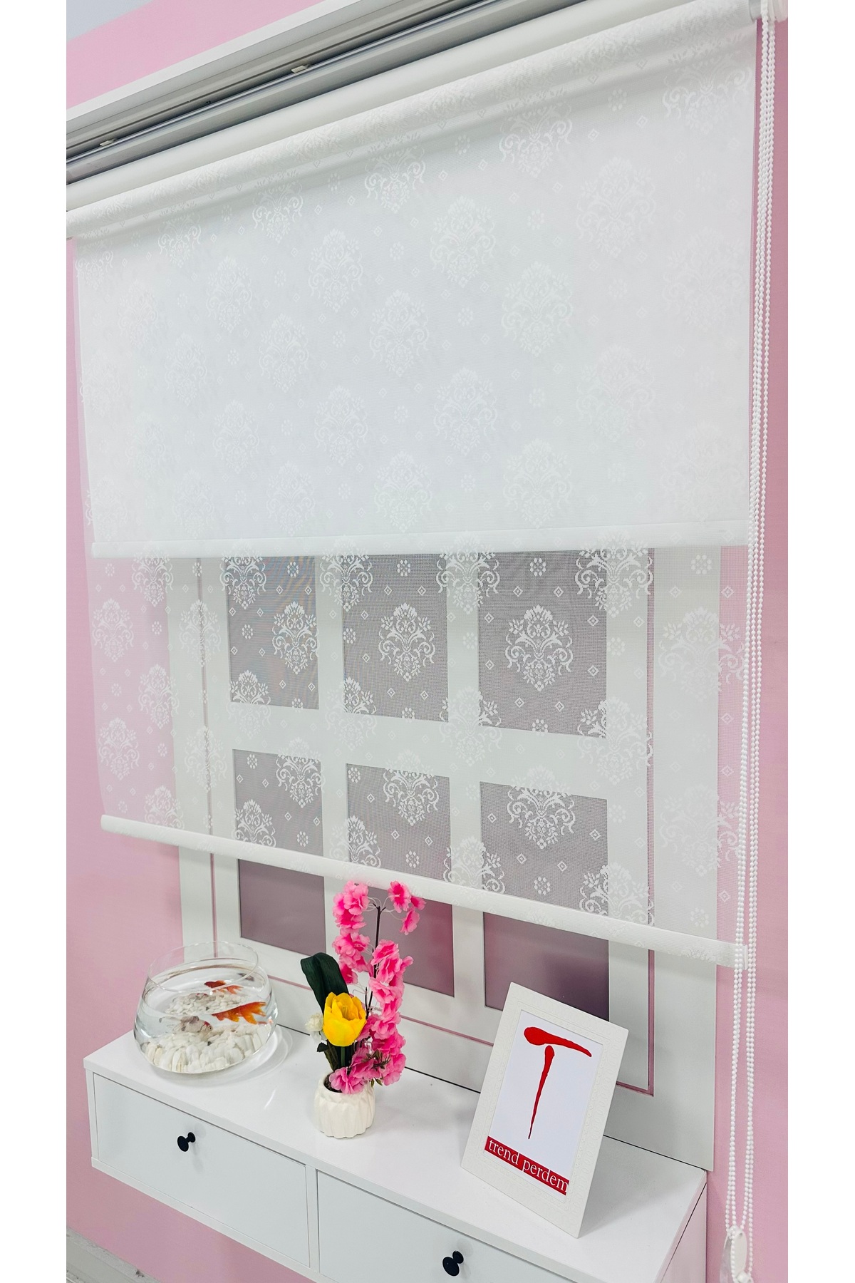 Double System Plain White Damask Patterned Tulle and Roller Blind Tulle Roller Blind