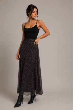BLOUSE Kadın Siyah/Kahve Leopar Desenli Uzun Etek