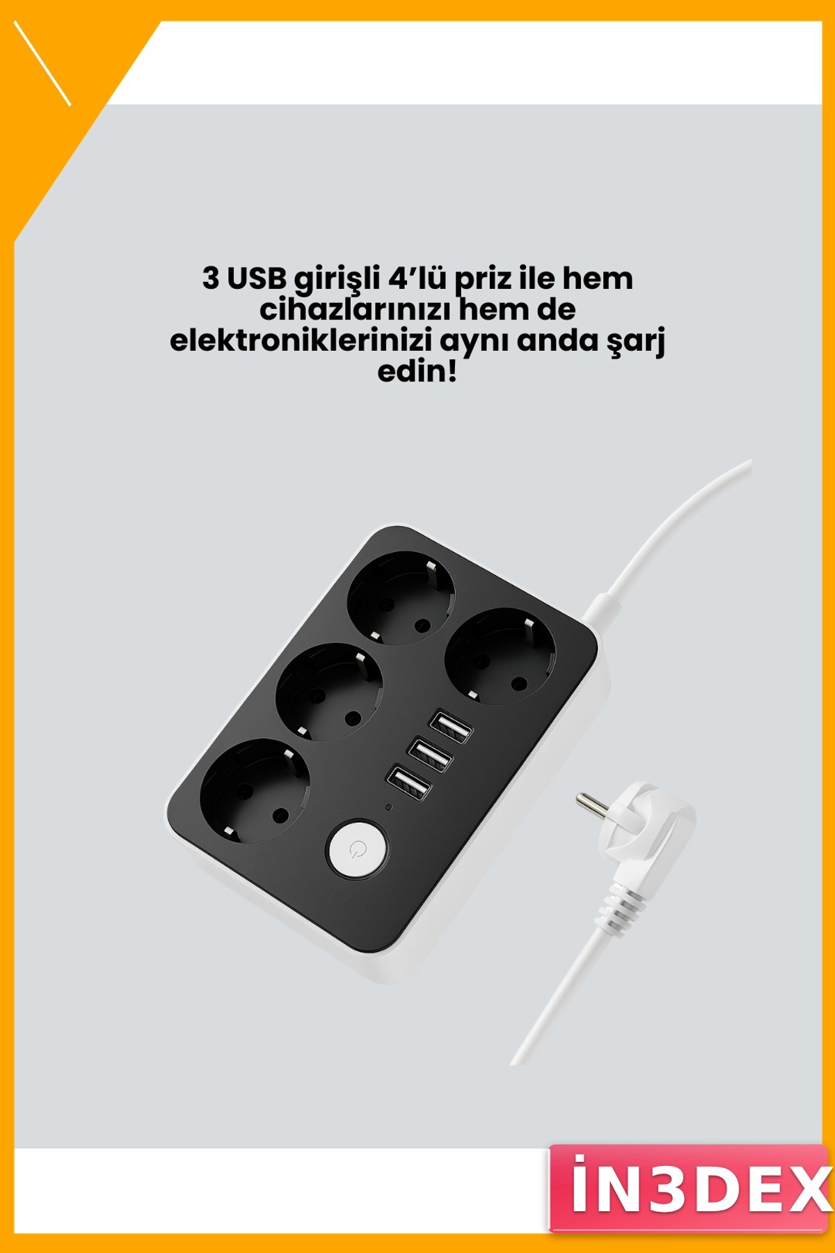4'lü Priz 3 USB 4.1A Hızlı Şarj 2m Kablo 2500W Akım Korumalı