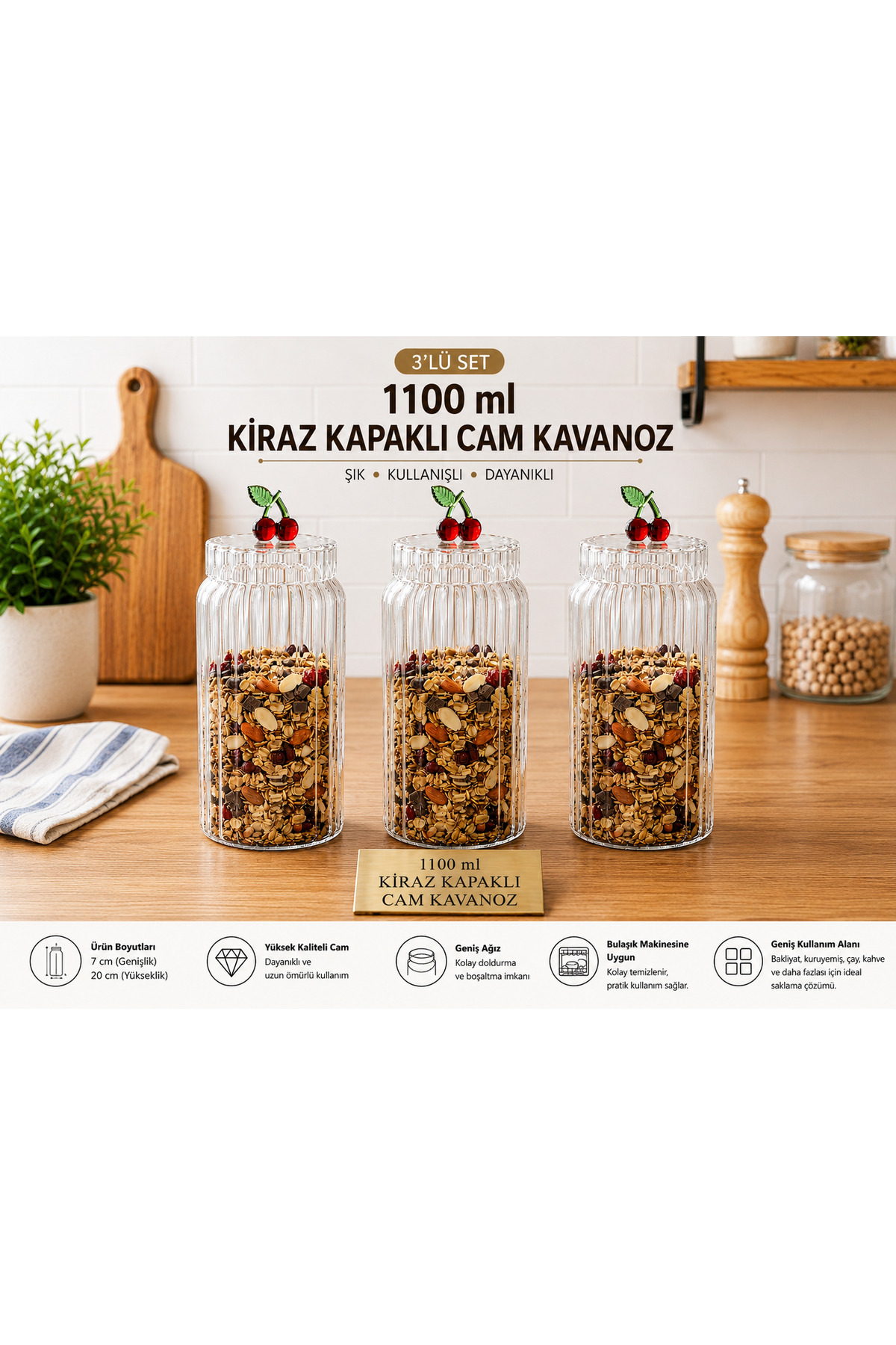 アミシリーズ 3冊セット AC AMİSOS 3 Adet 1100 ML Kiraz Kapaklı Çizgili Cam Kavanoz