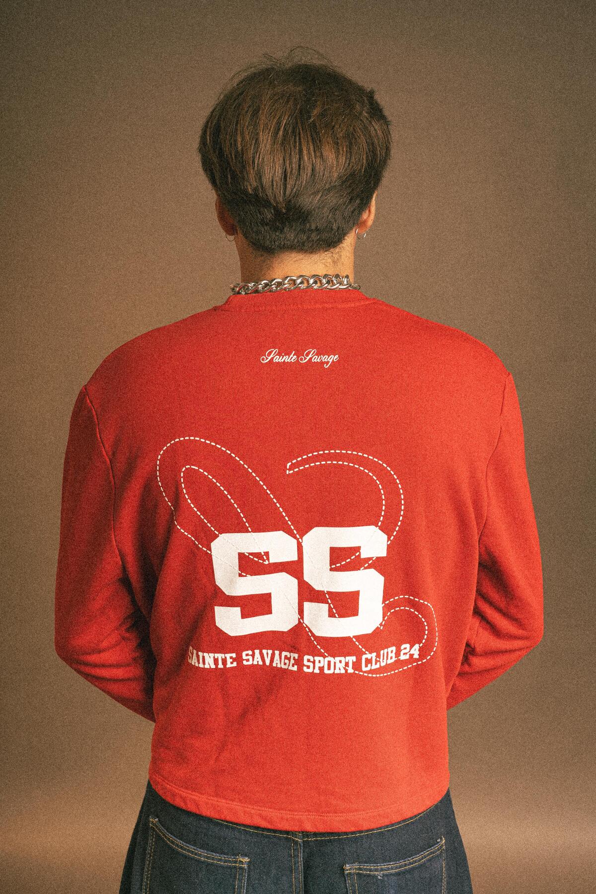 Sainte Savage Unisex Bisiklet Yaka Ön ve Sırt Baskılı Pamuklu Hafif Crop Oversize Long Sleeve Al Cinodromo görsel 2