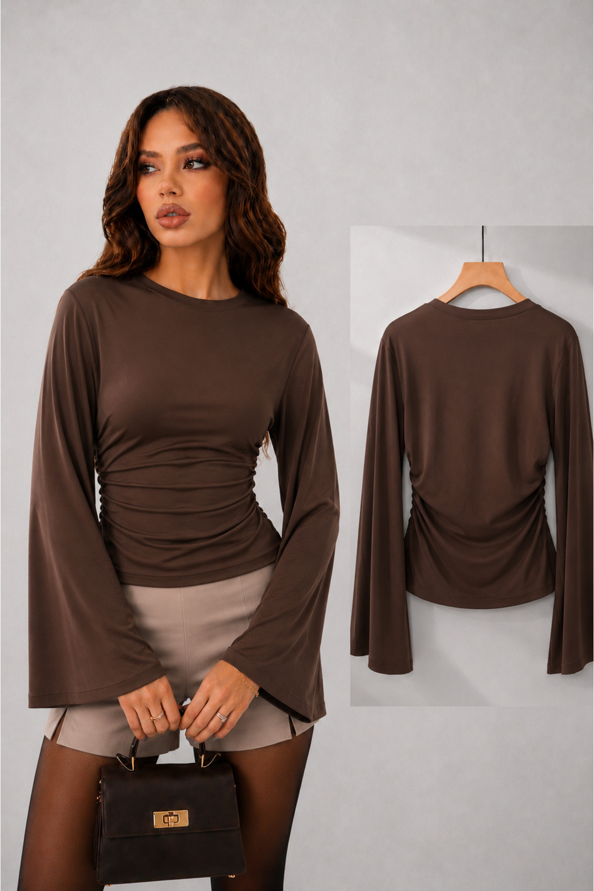 Modal Fabric Drawstring Detail Wide Sleeve Women's Blouse 212
