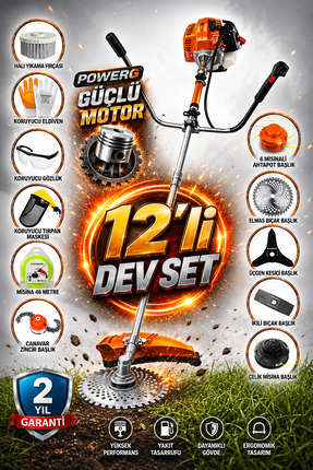 POWERG 12x12 Ultra Güçlendirilmiş 12IN1 Benzinli Yan Tip Tırpan Ot Biçme Moto...