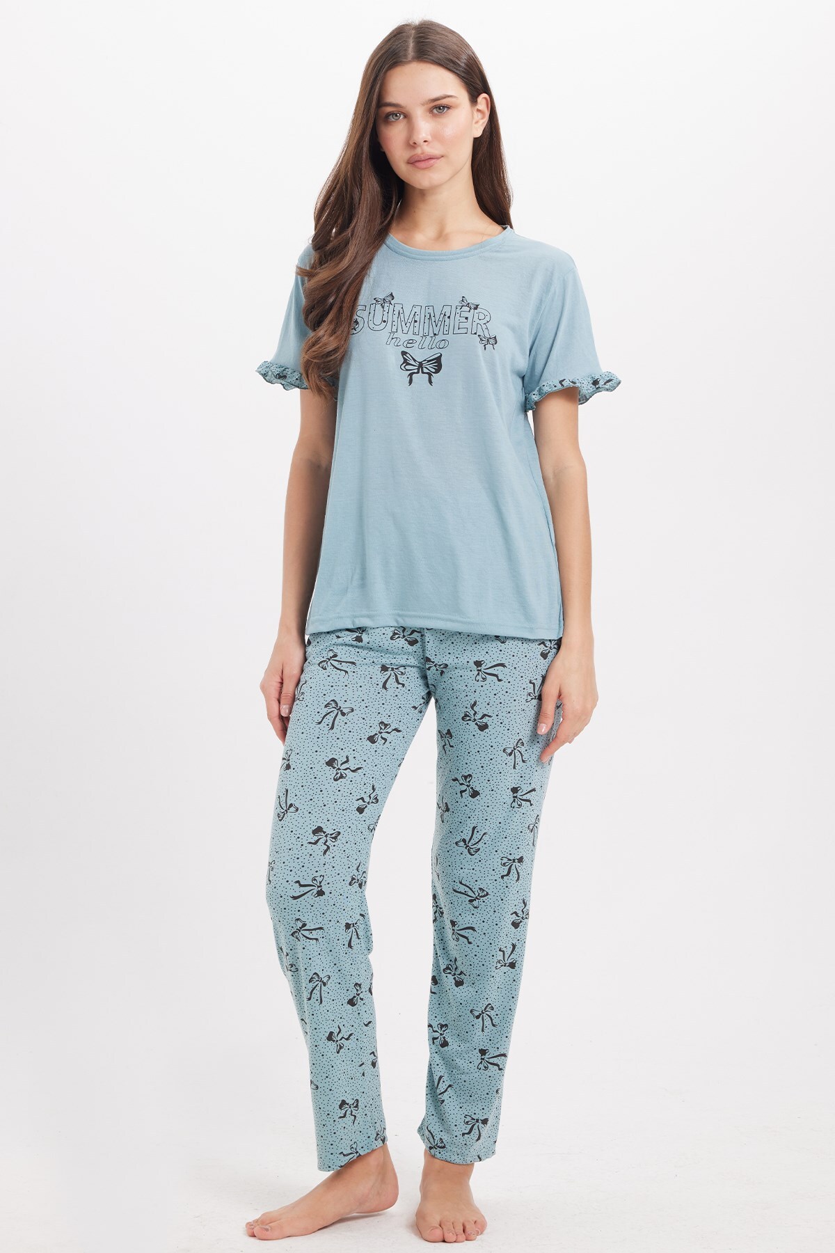 Tudors Women's regular fit classic cut 100% cotton ruffle detailed short sleeve printed sea green pajama set