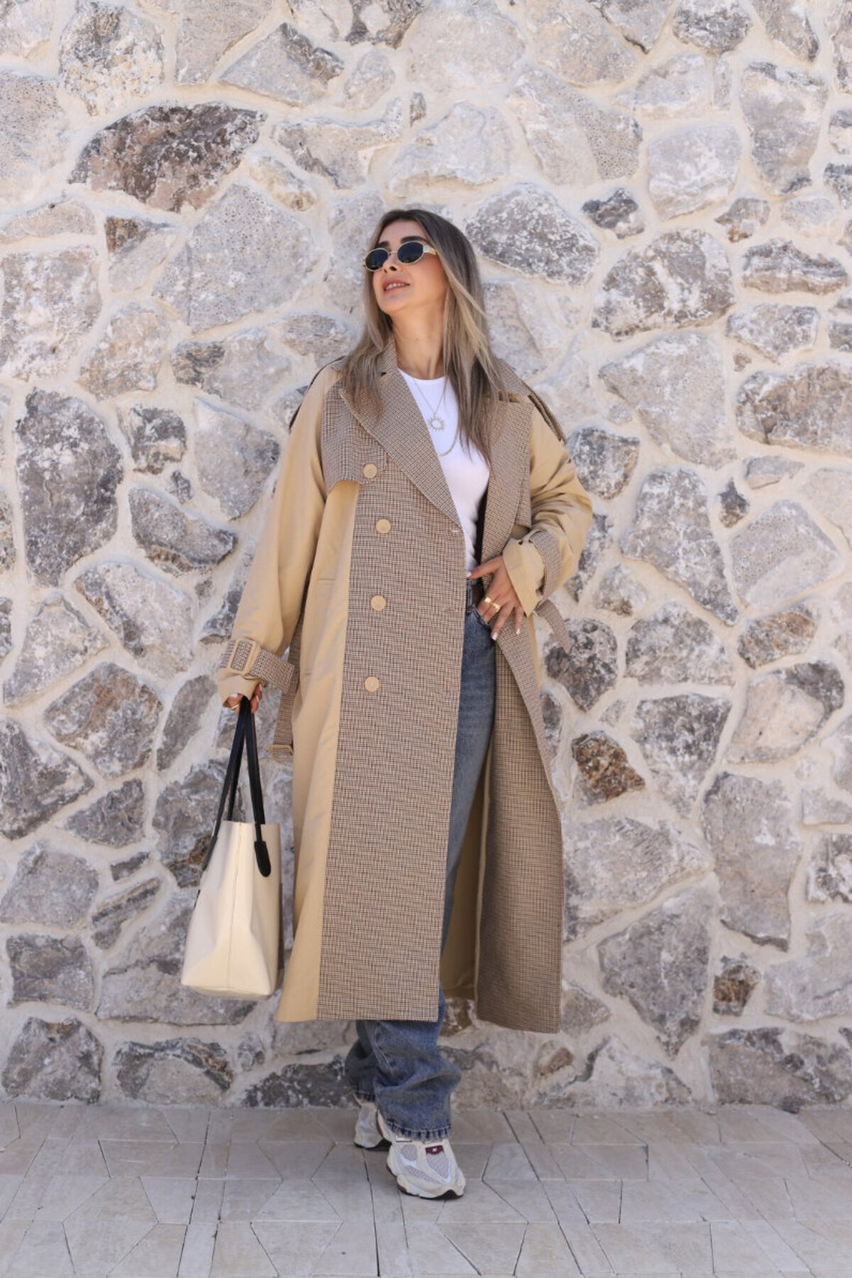 bytugcekaya Camel Standart Beden Ekoseli Trençkot görsel 2