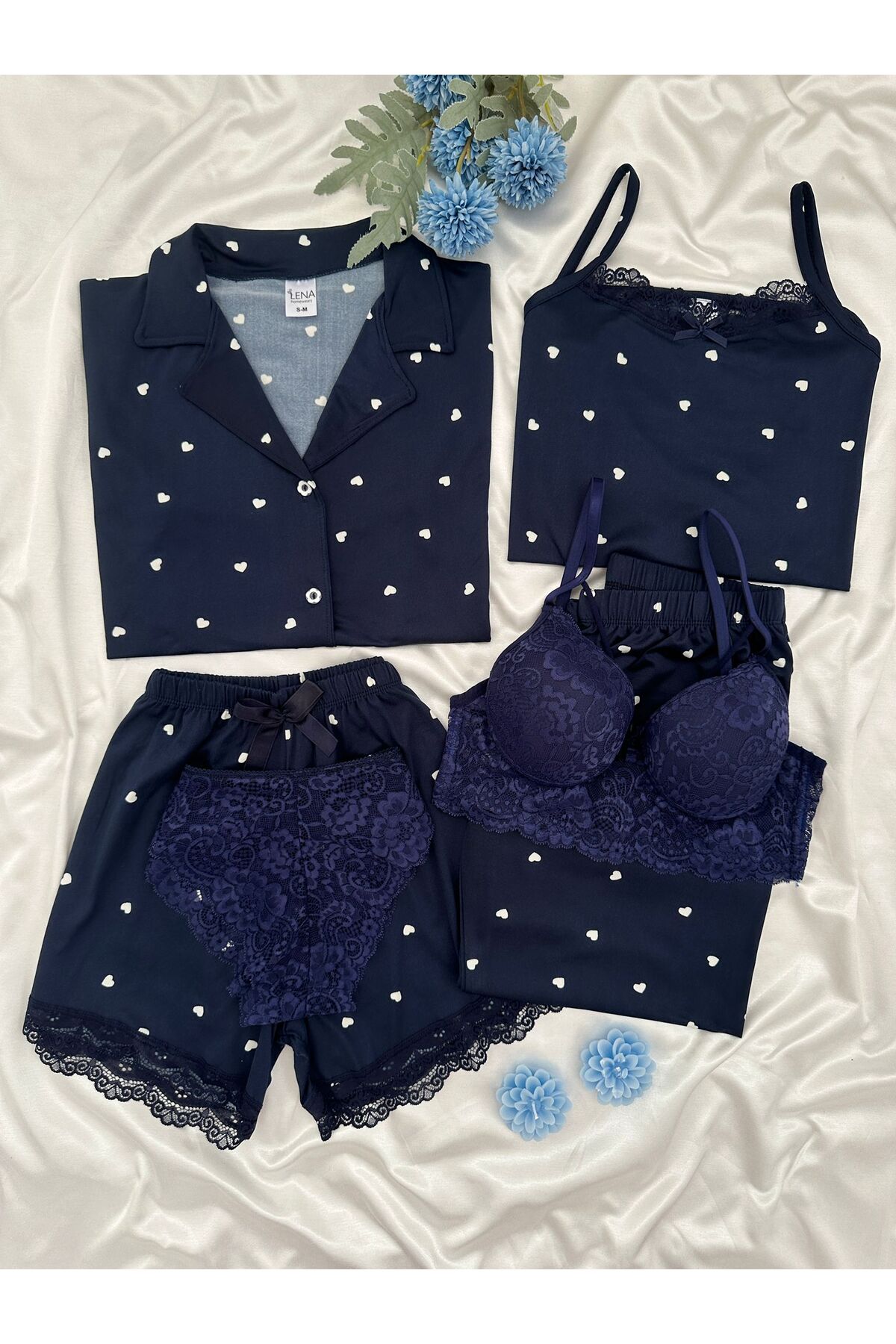 Women's Heart Pattern 6-Piece Pajamas Set with Underwear – Long Leg Pajamas Set with Strap and Shorts