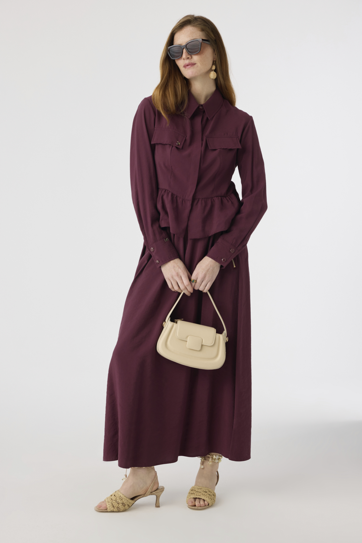 Zühre Pocket Detailed Waist Ruffled Burgundy Suit 1840