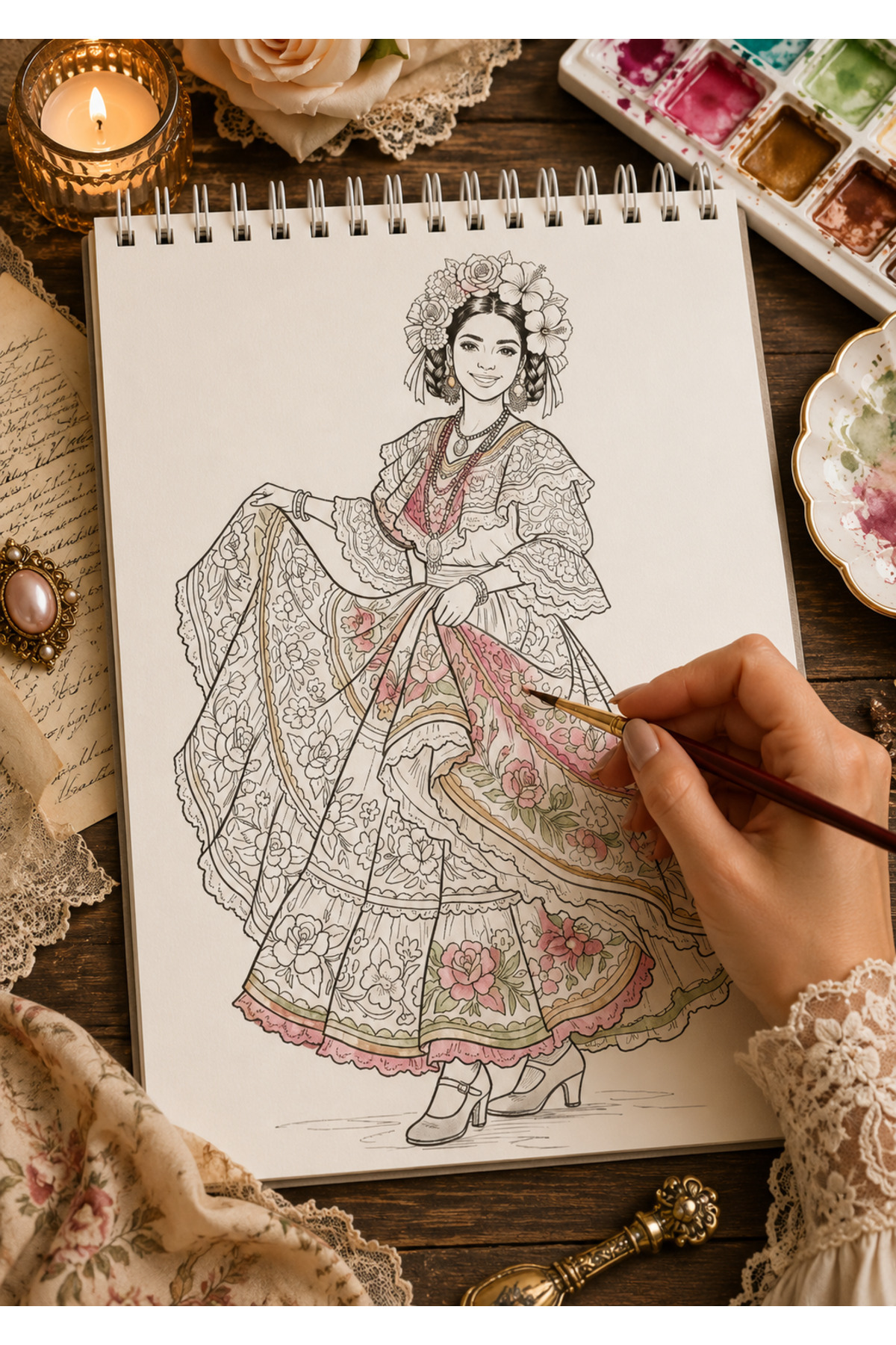 کتاب رنگ آمیزی لباس‌های ظریف تاریخی - سایز A4 با 30 تصویر