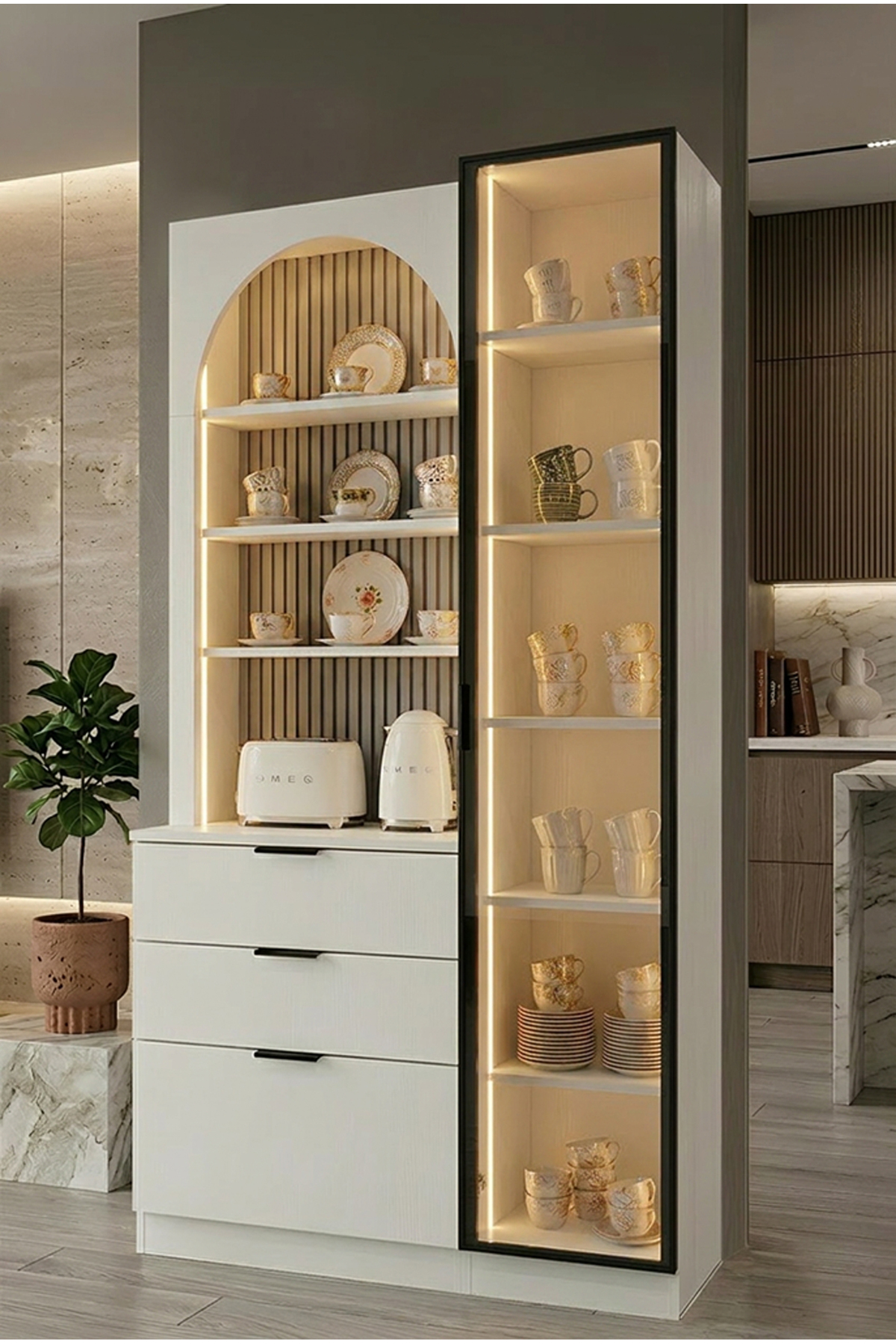 Diva Multipurpose Cabinet with Led 1 Door Open Oval Panel Coffee Corner with Shelf Kitchen Cabinet Plain White