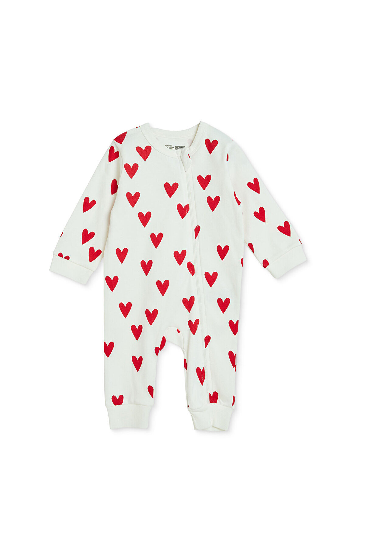 HelloBaby Kız Bebek Tulum Kalp Baskılı Fermuarlı Bisiklet Yaka Uzun Kol Ribanalı