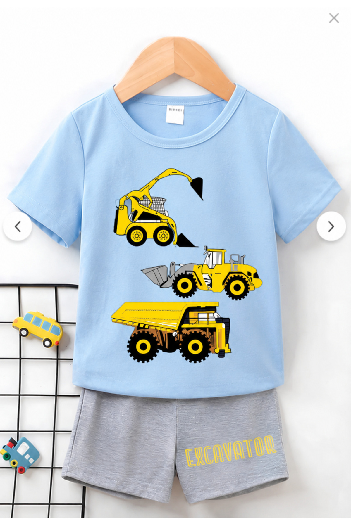 Excavator Printed Kids Baby Blue T-Shirt- Gray Shorts Set - Kids Summer Zero Collar