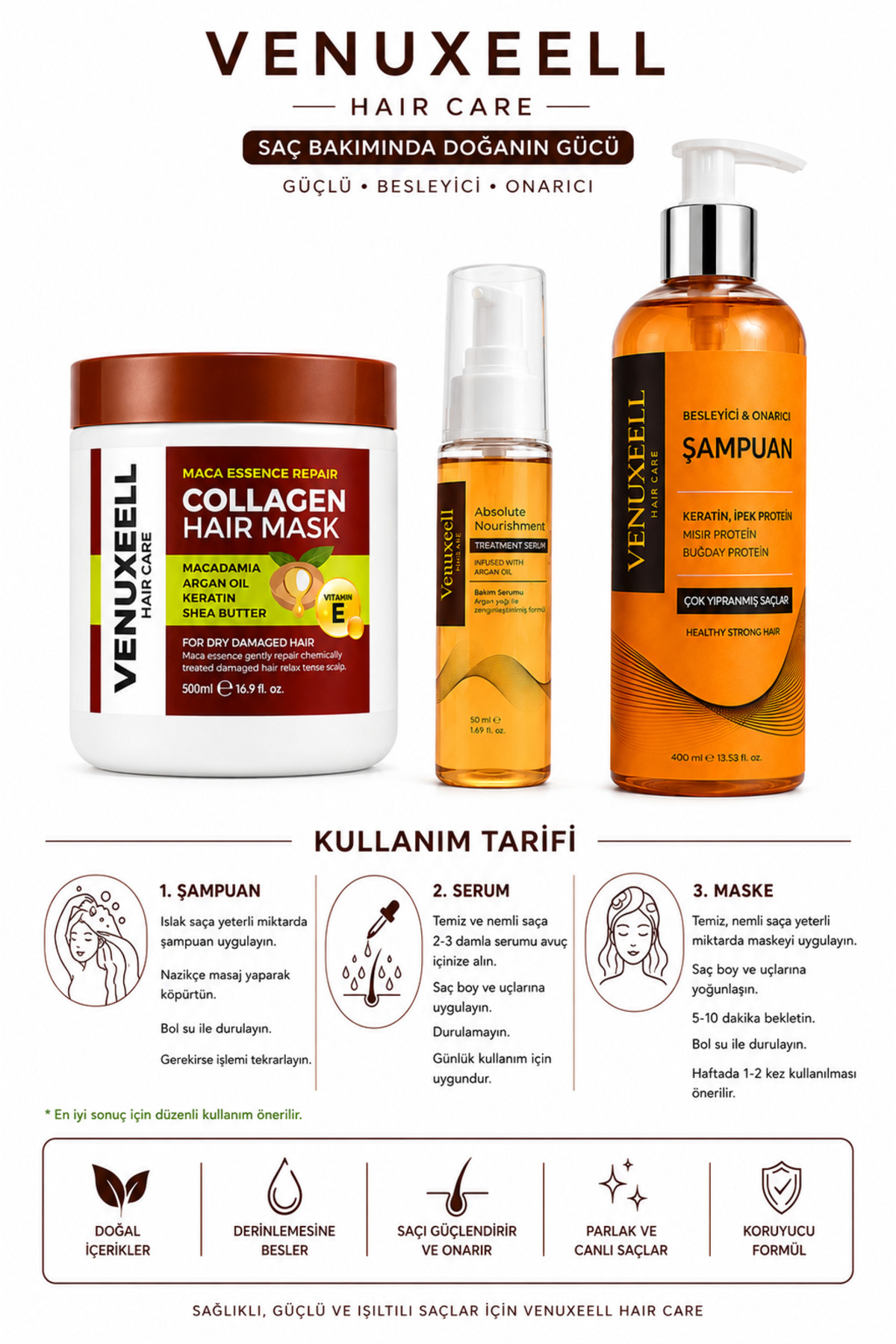 3’lü Saç Bakım Seti Kolajen Saç Maskesi + Argan Yağlı Saç Serumu + Keratin Onarıcı Şampuan karsel — beyaz 3lü set — تصویر 3 از 5