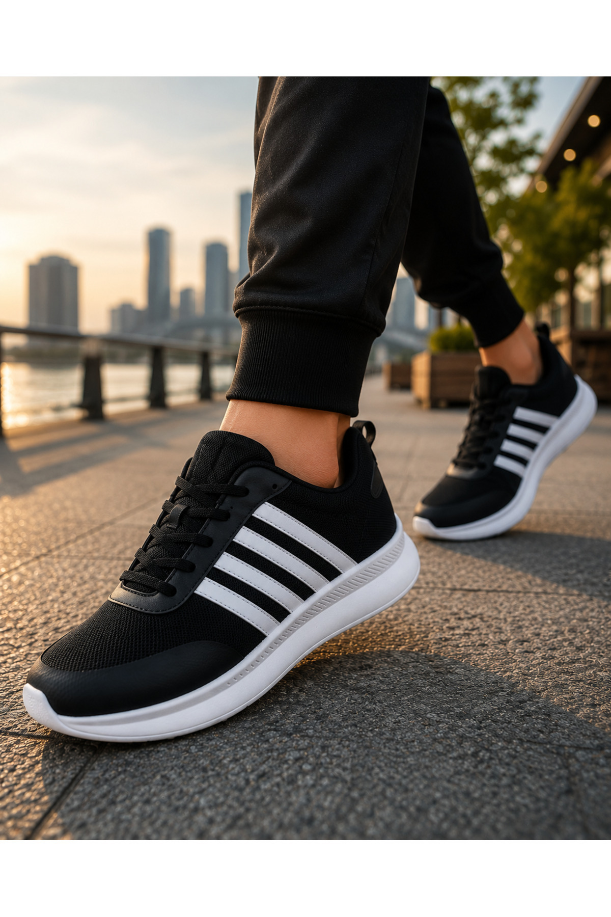 Walking Sneaker Beyaz Çizgili Beyaz Taban bağcıklı Erkek Spor Ayakkabı — مشکی YS00017 — تصویر 2 از 4