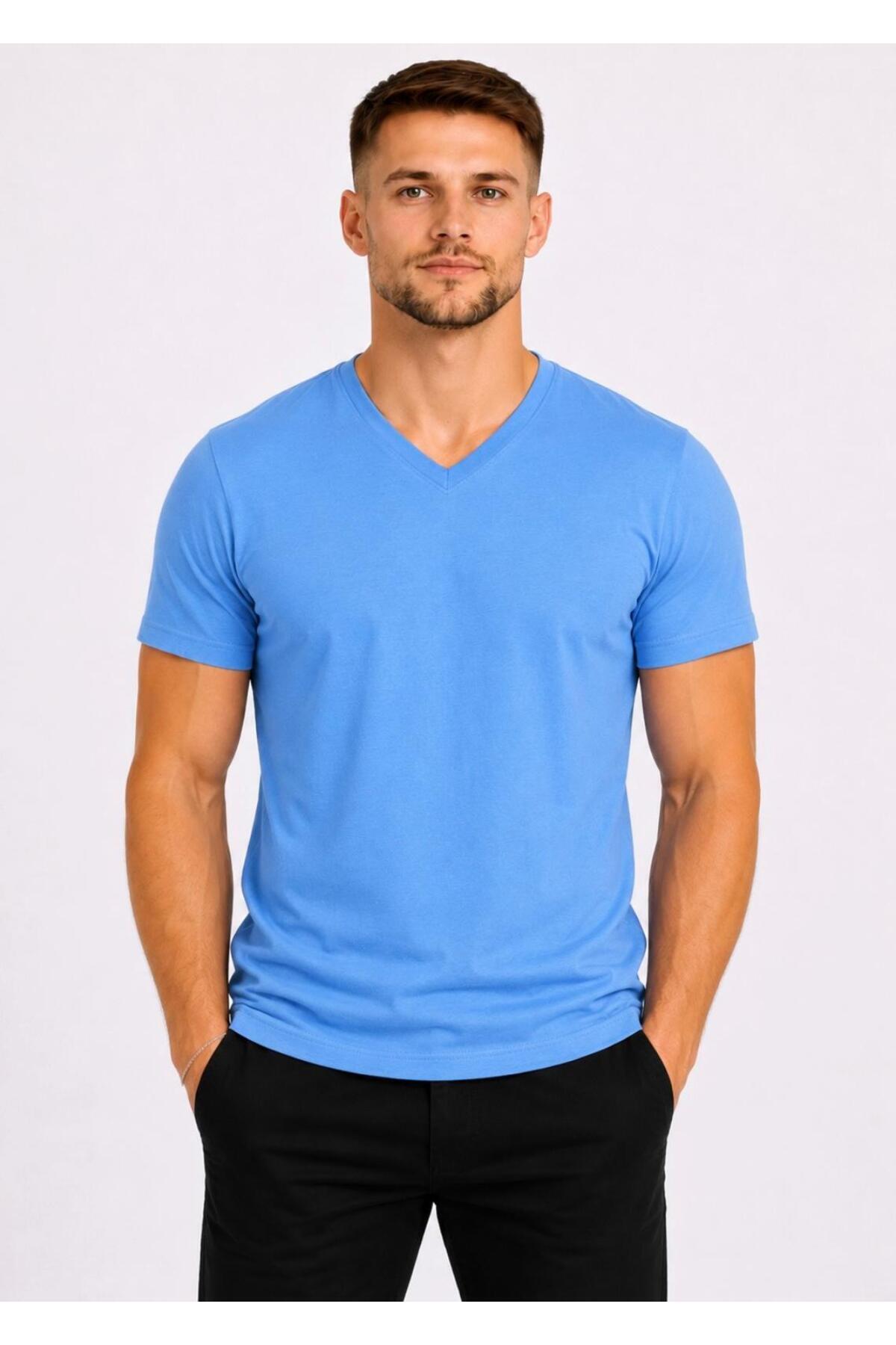 Men's Blue Cotton V-Neck Short Sleeve T-shirt-d804