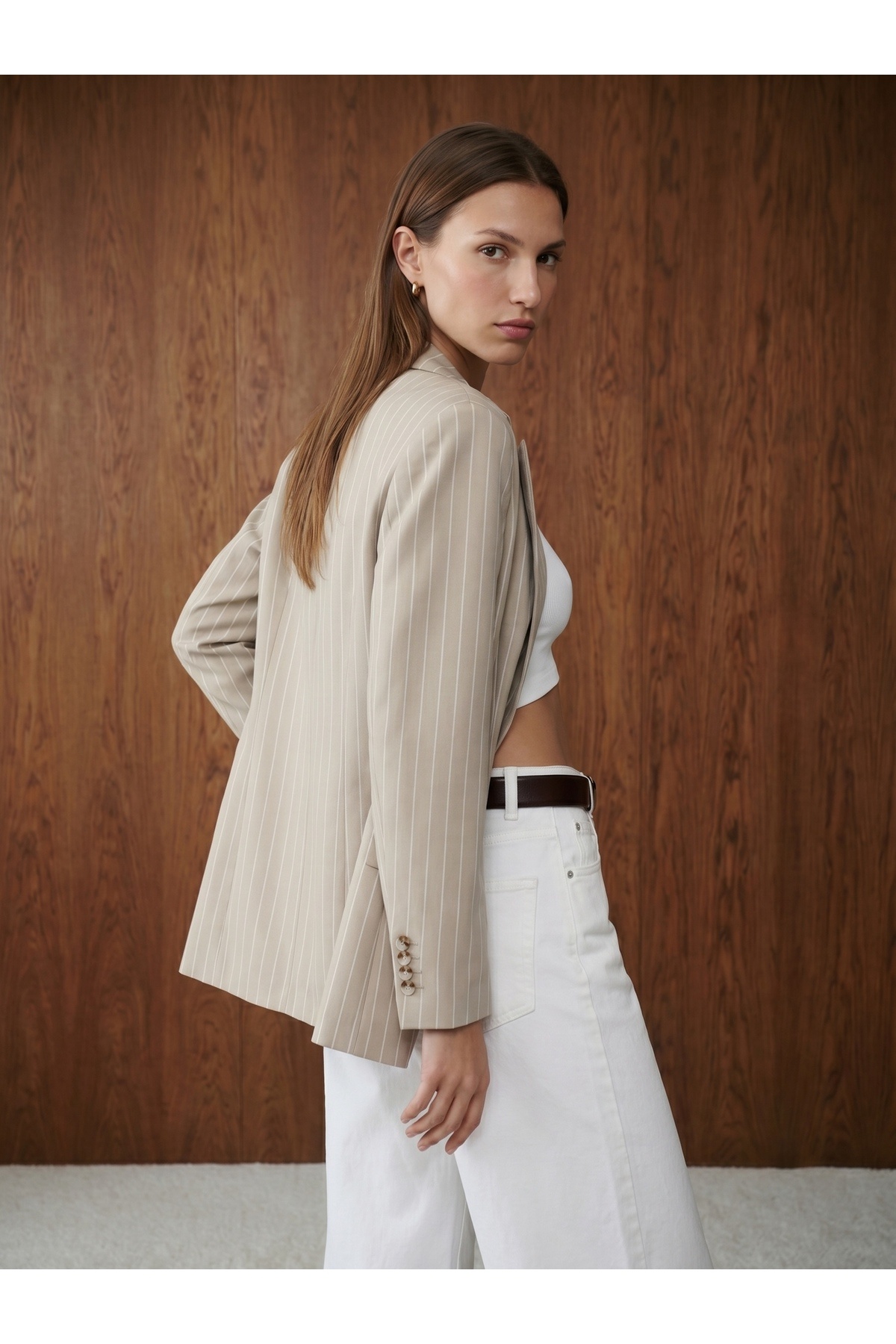 Dilvin 60803 Yan Düğme Detaylı Blazer-Bej görsel 2