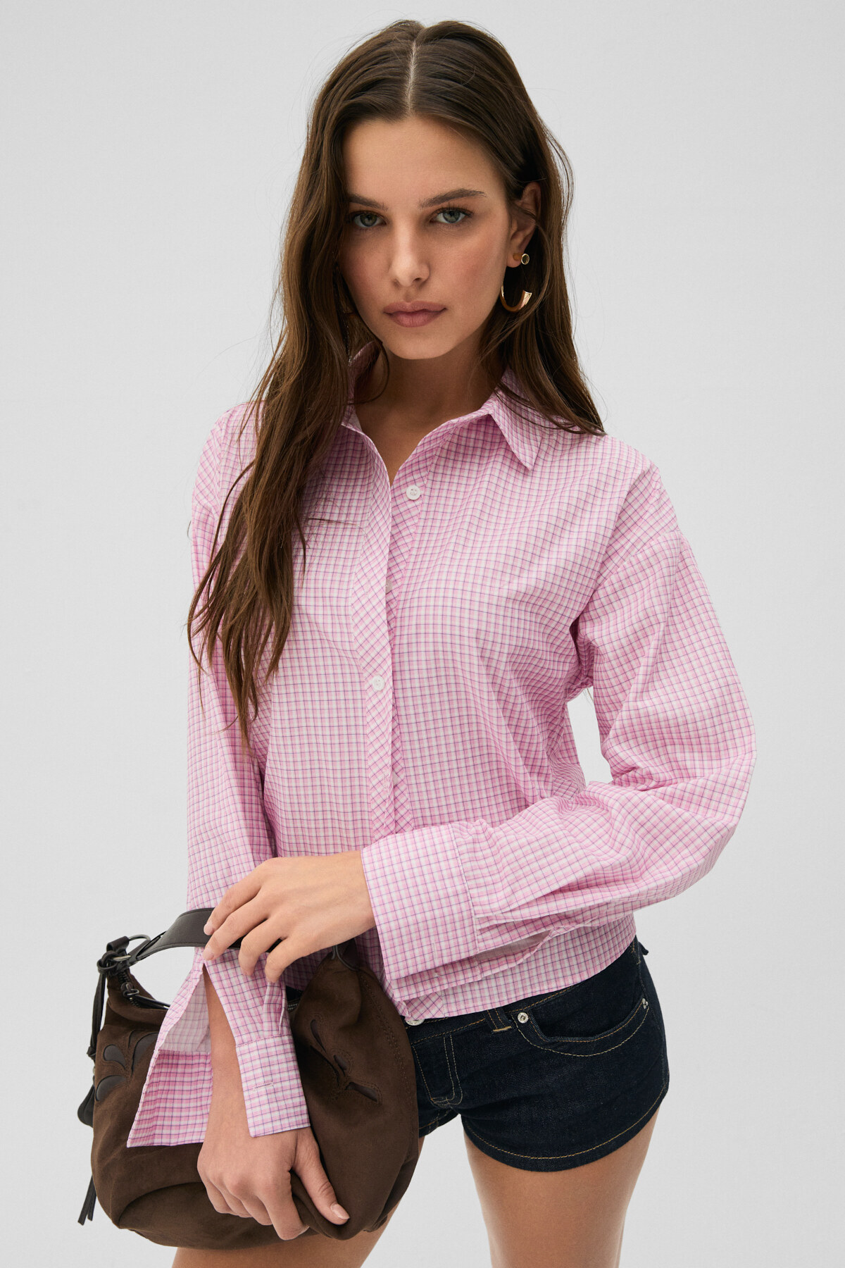 GRIMELANGE MEDEA Kadın Slim Fit %100 Organik Pamuklu Kahverengi Çizgili Slim Fit Pembe Çizgili Gömlek