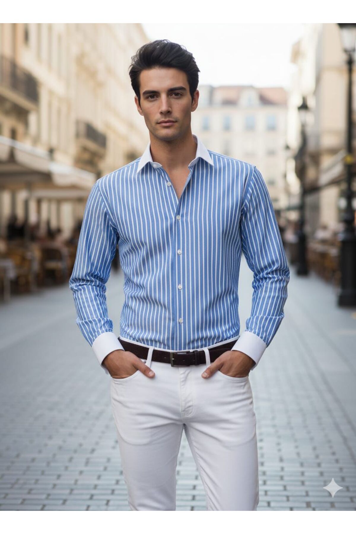 BAYIM Dikey Çizgili Tasarım Kontrast Yaka Casual Slim Fit Erkek Gömlek görsel 3