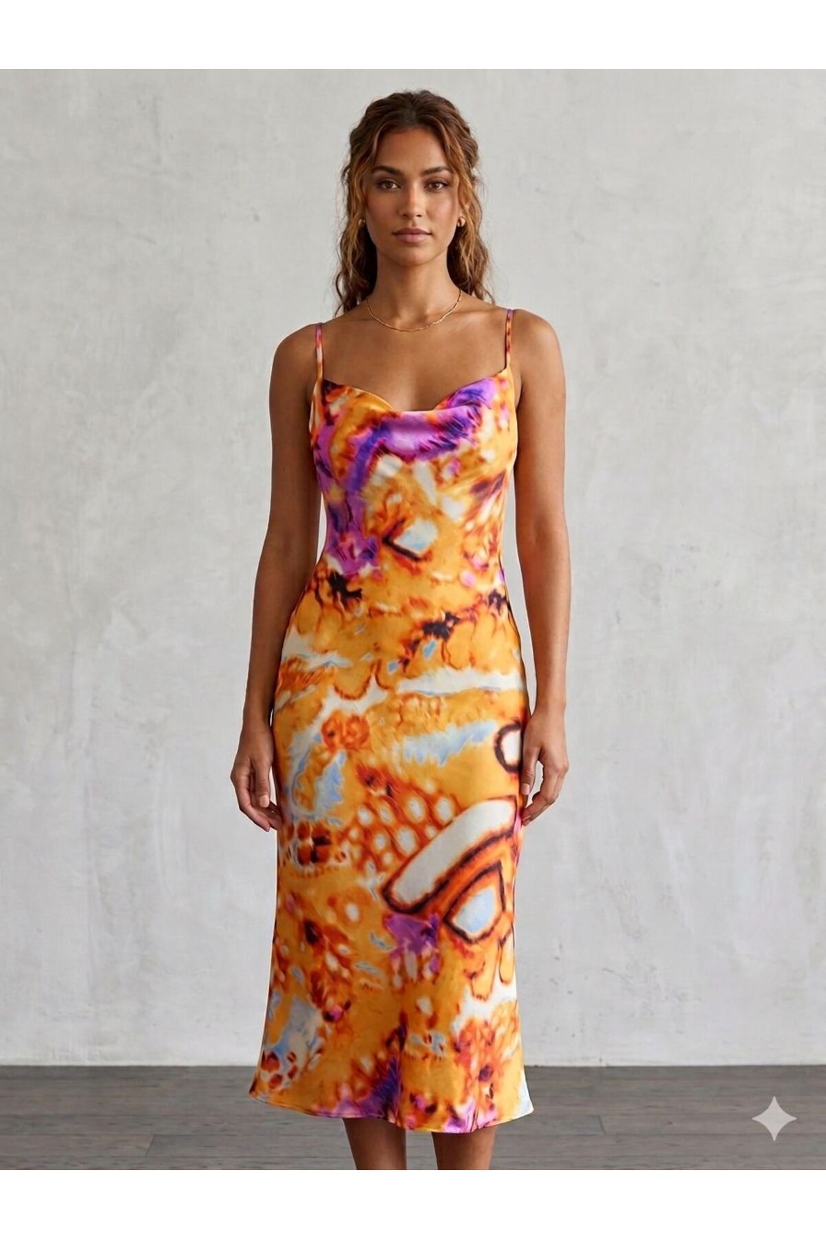 Women's Orange Pattern Satin Midi Length Strap Dress