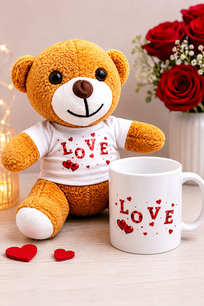 Yenilig Love Baskılı Peluş Ayıcık ve Kupa Bardak Seti Romantik Hediye Seti