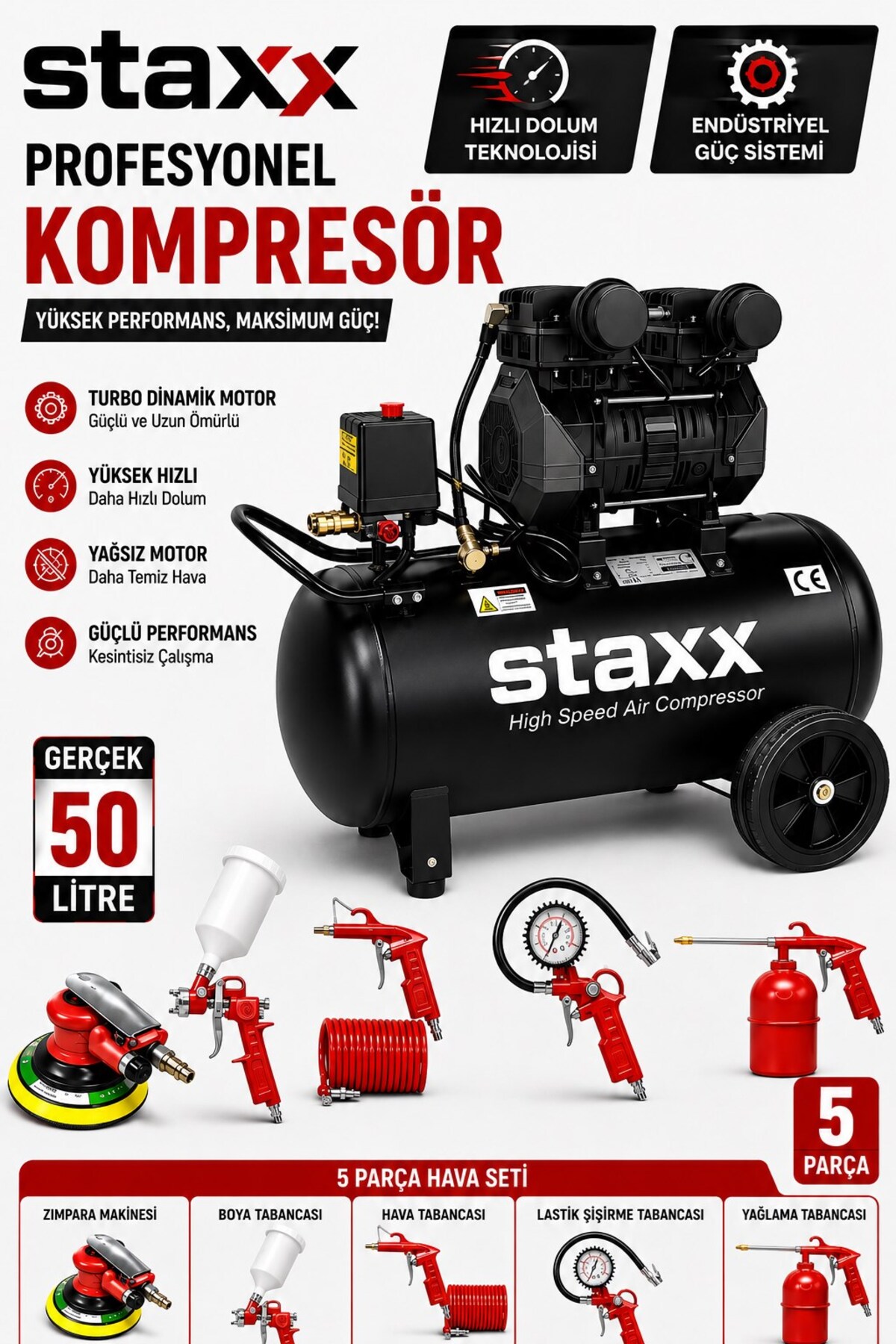 STAXX POWER 50 LT Güçlü SessizHava Kompresörü + 5 Parça Kompresör Seti + Havalı Orbital Zımpara Seti Hediyeli