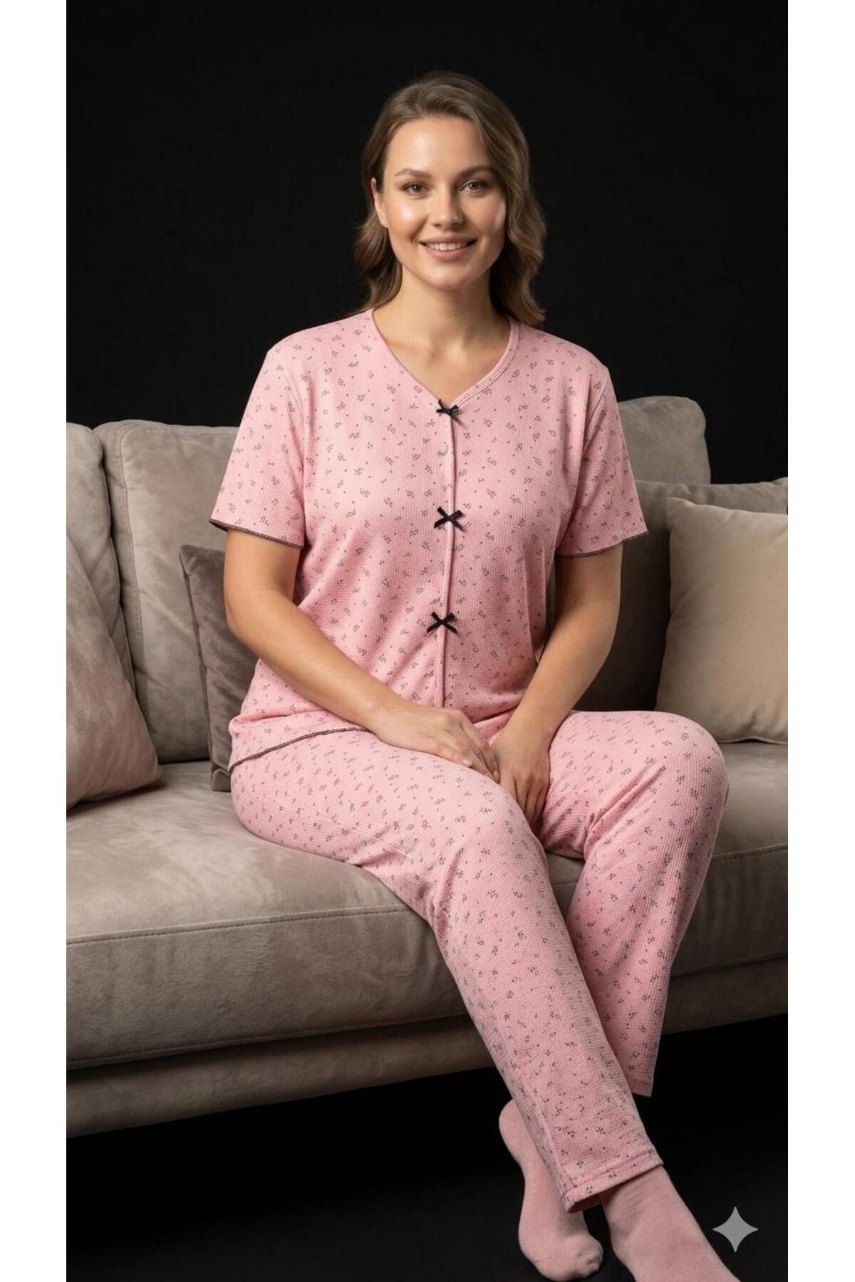 fameshomewear Summer Pink Black Olive Branch Patterned Short Sleeve Combed Cotton 100% Cotton Pajama Set