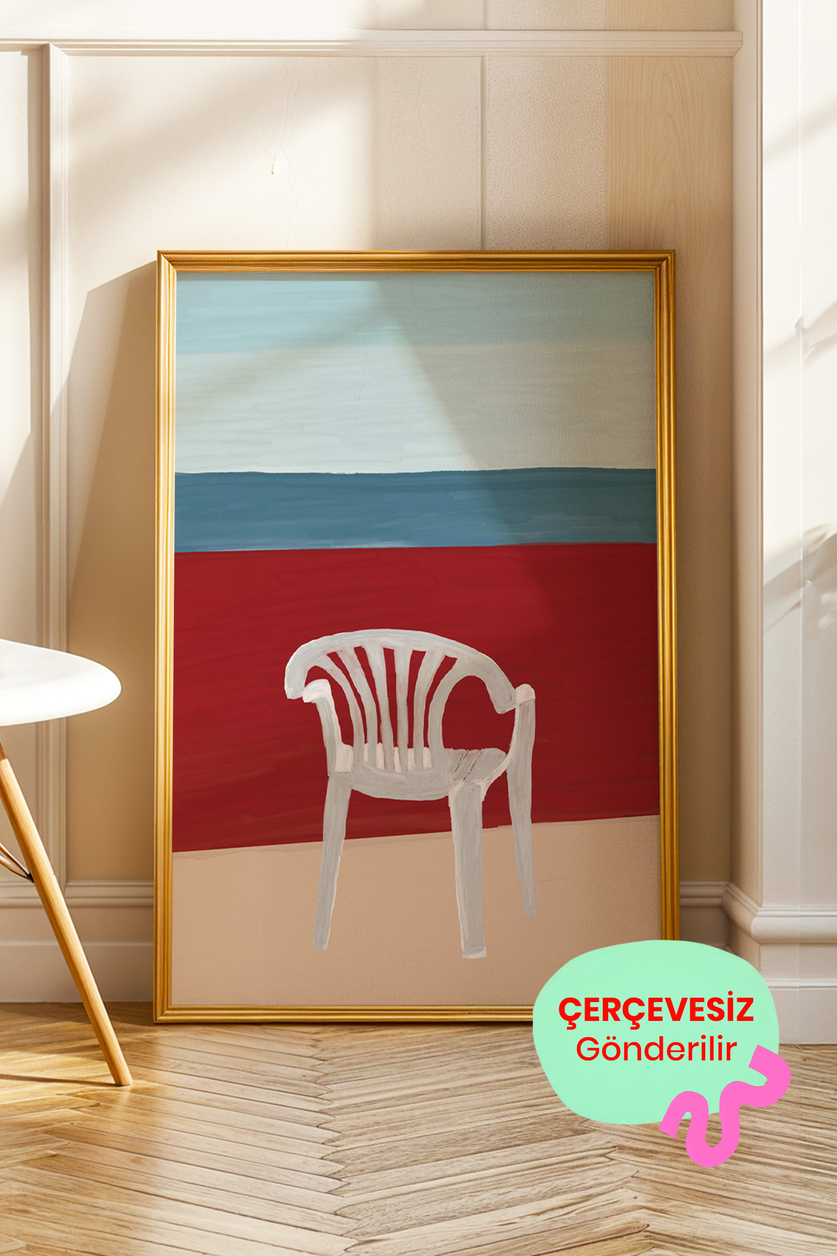 Beyaz Plastik Sandalye Poster, Minimal Akdeniz Esintili Modern İllüstrasyon Tablo Çerçevesiz