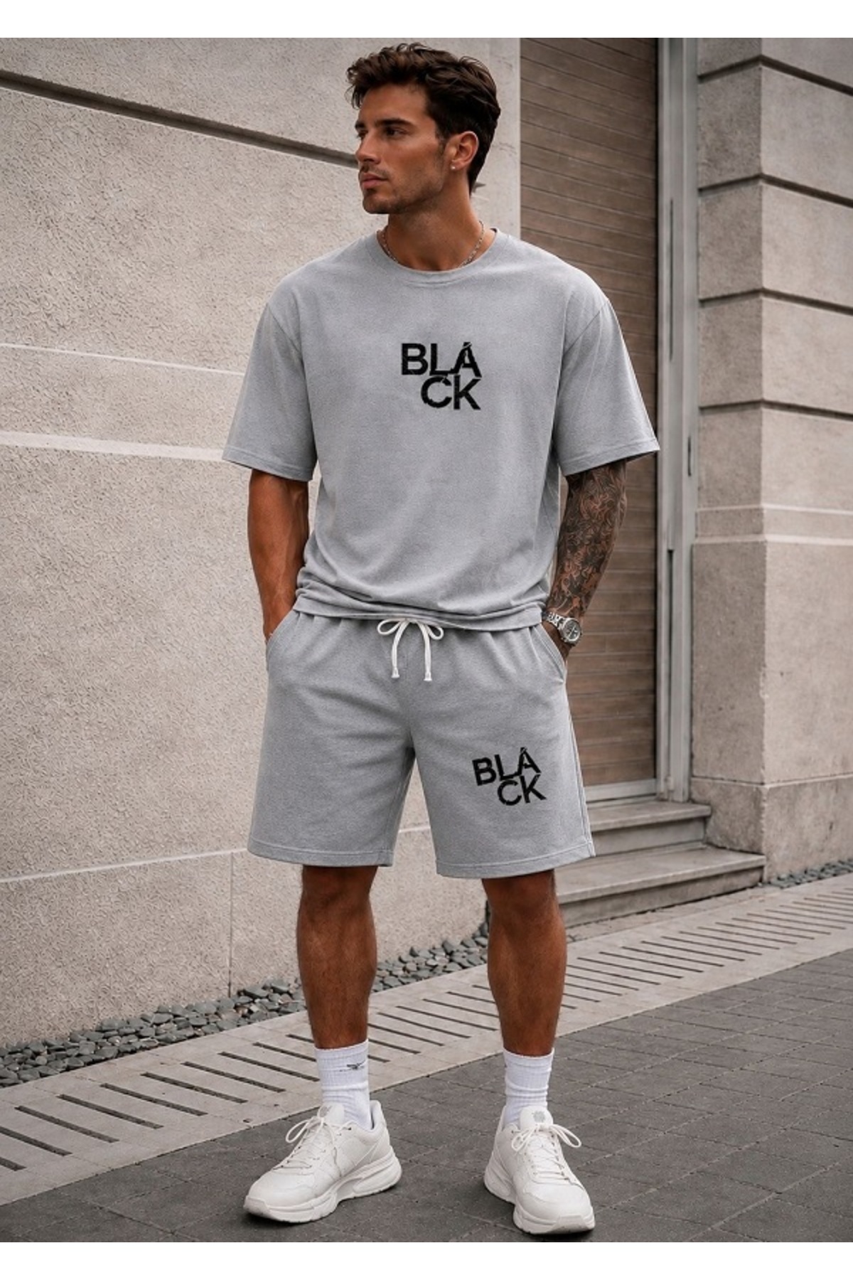 FAEL LİFE Unisex Wide Cut T-Shirt and Shorts Black Print Set