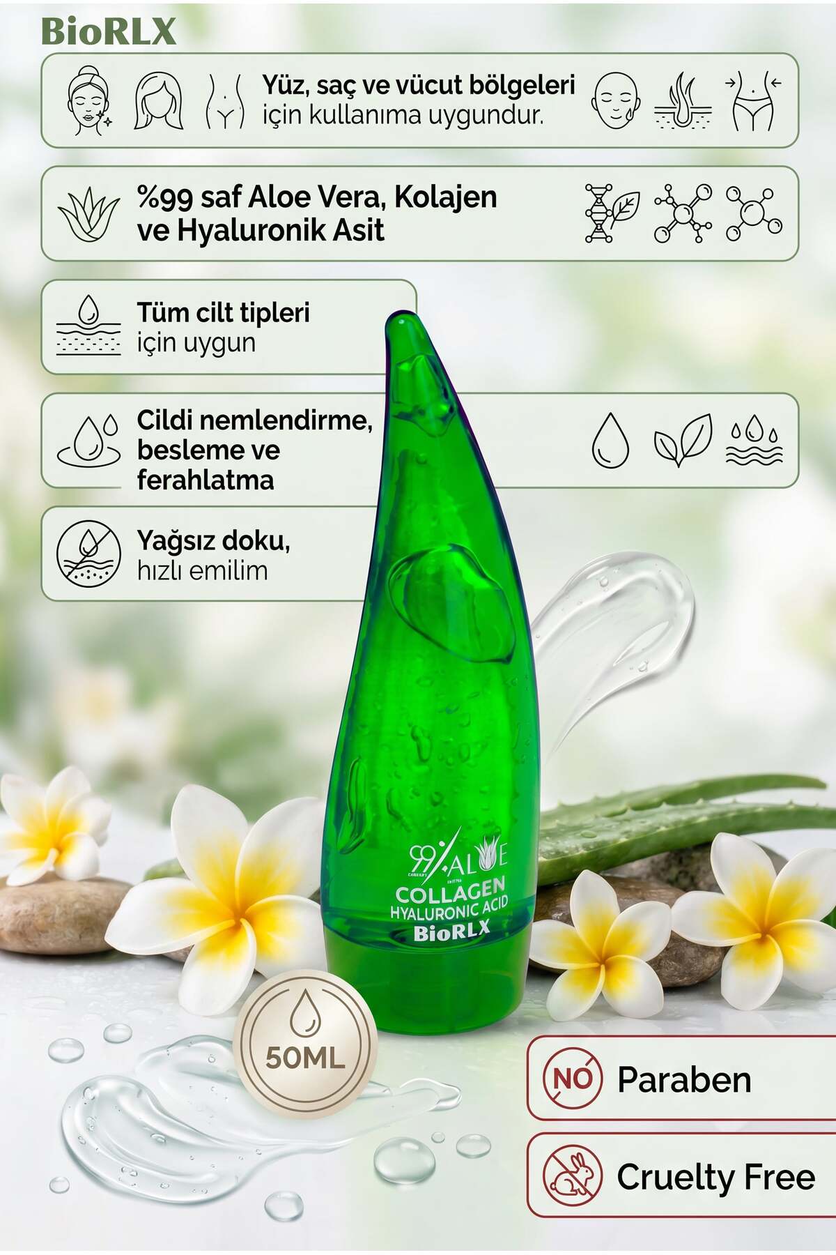 %99 Aloe Vera Jeli, Kolajen Ve Hyaluronik Asit 50ml /Yüz, Vücut ve Saç Bakımı — BIORLX50ML — تصویر 4 از 5