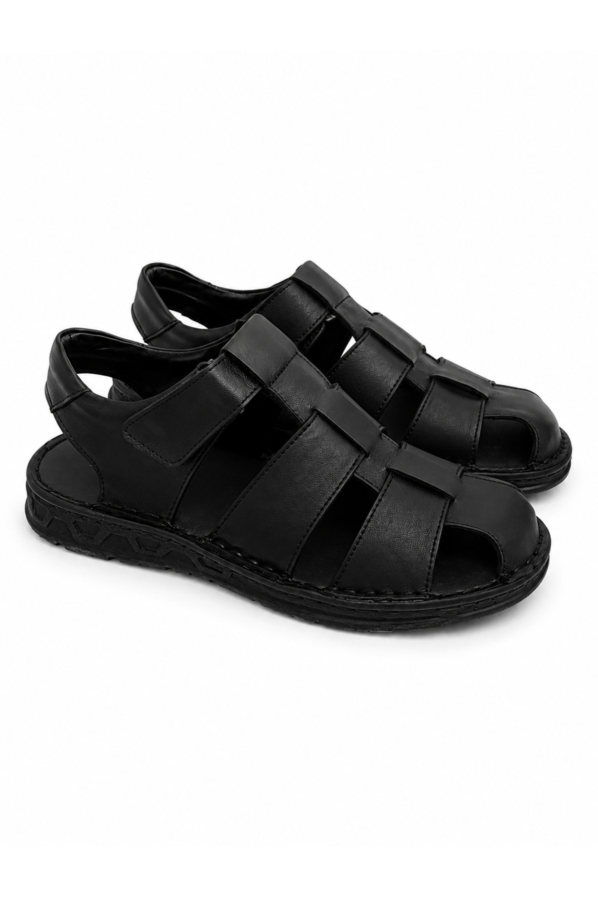 CookaShoes Cooka Shoes Erkek Siyah Hakiki Deri Cırt Cırtlı Günlük Sandalet görsel 6