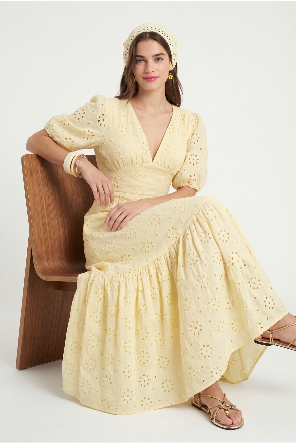 Ritnice Women's Priya Fisto Embroidered Lined V-Neck Short Sleeve Long Woven Yellow Dress