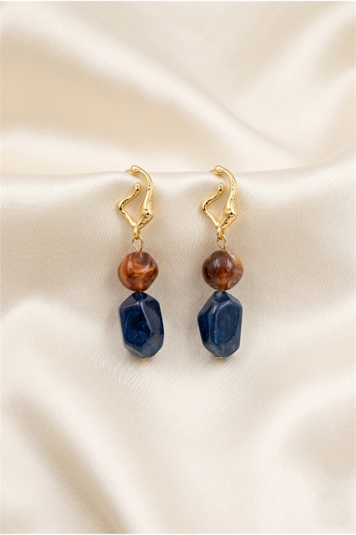 Gold Color Forged Metal Brown Beaded and Navy Blue Gemstone Dangling Earrings