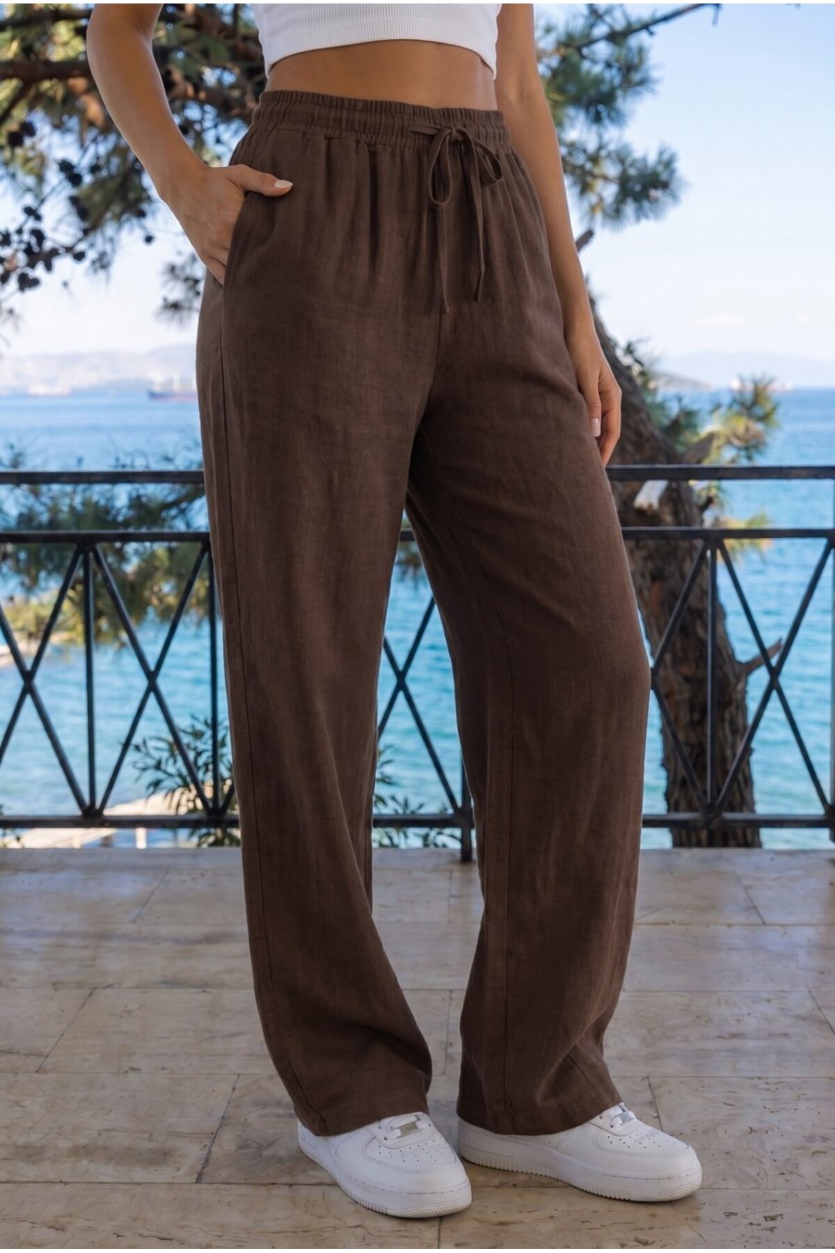 KAHVE Keten Karışımlı Bol Kesim Beli Lastikli Pantolon 3