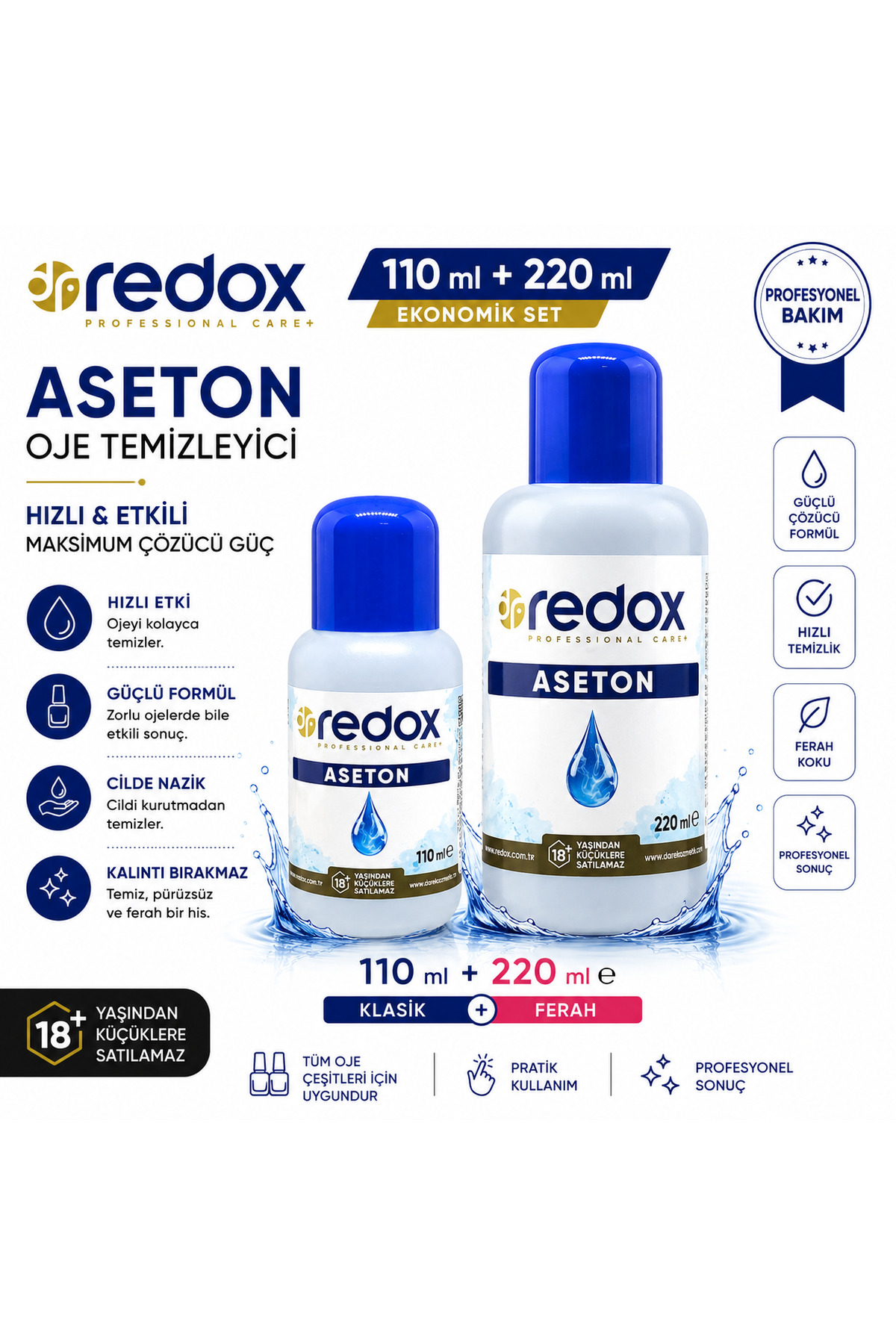 Redox Aseton Oje Temizleyici Seti 110 ml Klasik + 220 ml Ferah Kokulu — drredox110*7