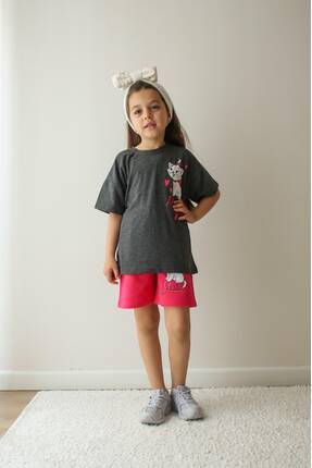 jeliboomkidswear Kız Çocuk Yazlık Pamuklu Tişört Şort Alt-Üst Takım ( 2'li )