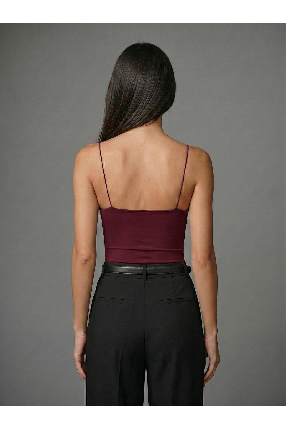 Kadın Bordo İnce Askılı Bodysuit Çıtçıtlı Slim Fit Likralı Basic Body 3